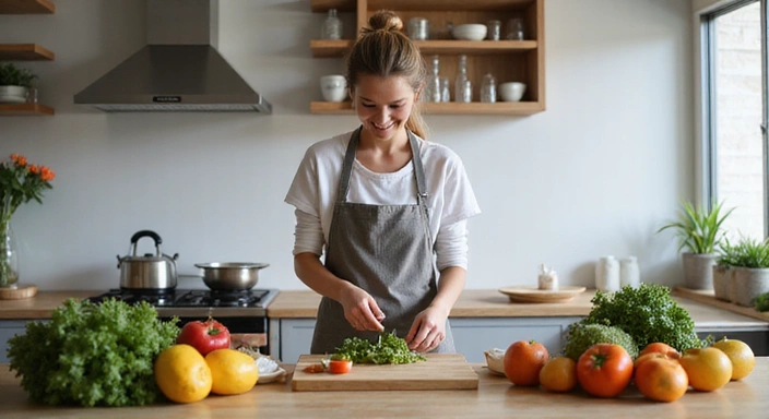 Mladá žena připravující zdravé jídlo v moderní kuchyni, plné čerstvé zeleniny a ovoce.