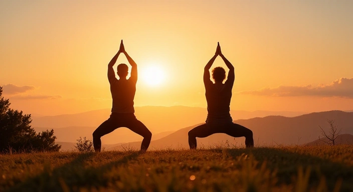Muž a žena cvičící jógu venku za východu slunce, s důrazem na flexibilitu a vnitřní klid.