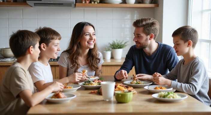 Rodina sedící u stolu a společně obědvající zdravé jídlo, s radostnými výrazy.