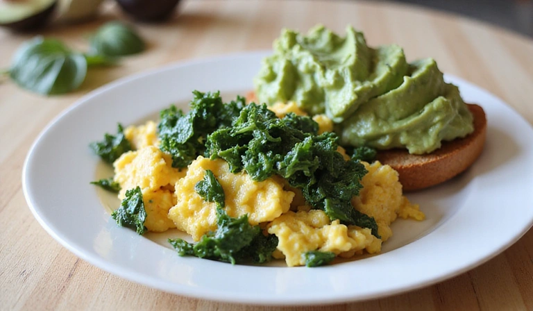 Zdravá snídaně s míchanými vajíčky, špenátem a avokádovým toastem, podávaná na světlém dřevěném stole.