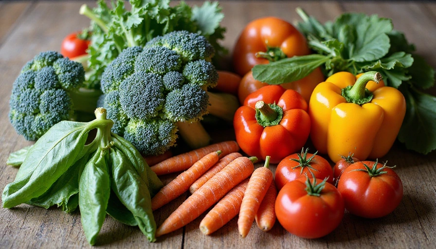 Široký výběr čerstvé zeleniny, jako jsou brokolice, mrkev, paprika, špenát a rajčata, uspořádané na dřevěném stole.
