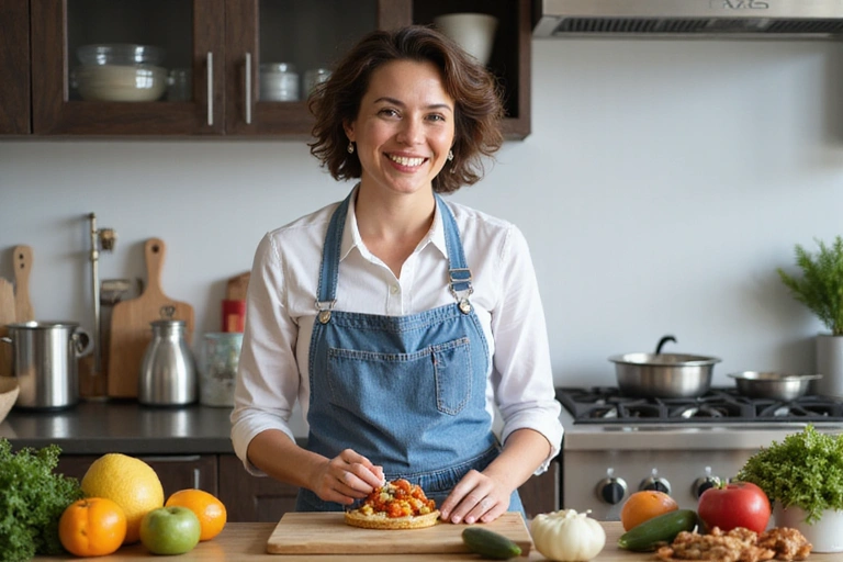 Šťastná žena připravující zdravé jídlo v kuchyni
